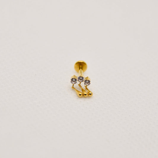 Météore — dangle triple zirconium, titane ASTM F136 doré | hélix, tragus | ÖVA